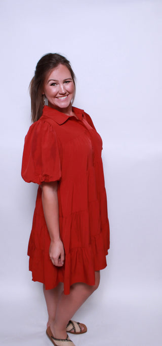 Solid button up tiered mini dress