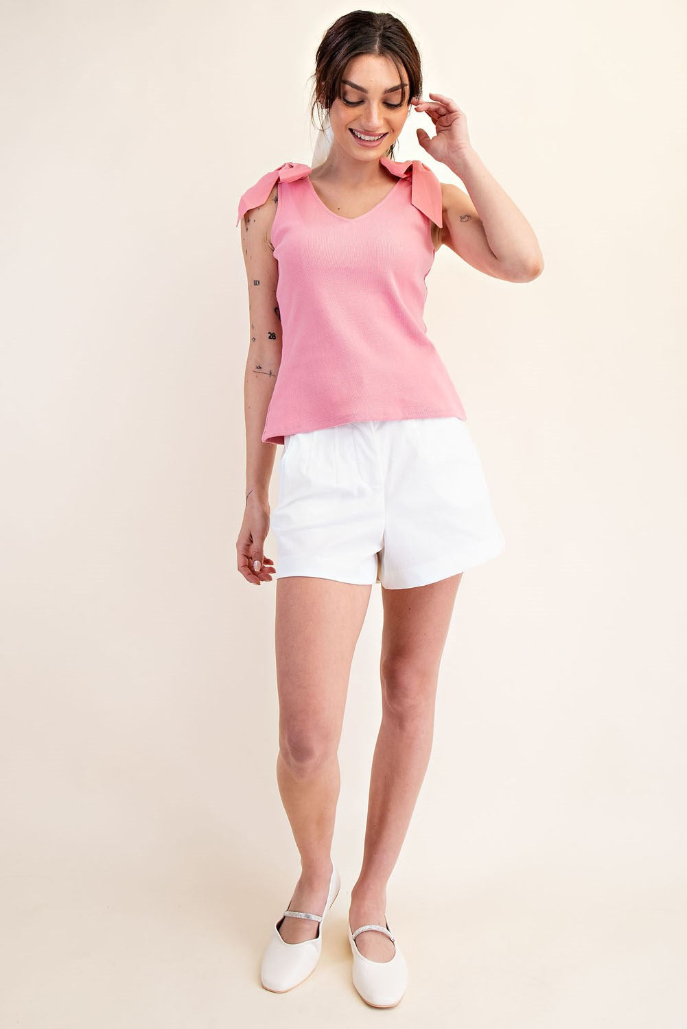 V-Neck Contrast Ribbon Tie Knit Top