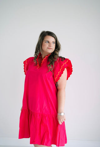 Scallop Trim Ruffle Sleeve Dress