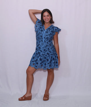 Eyelet floral flutter sleeve mini dress