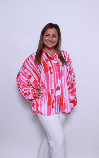 Abstract Batwing Sleeve Buttoned Shirt