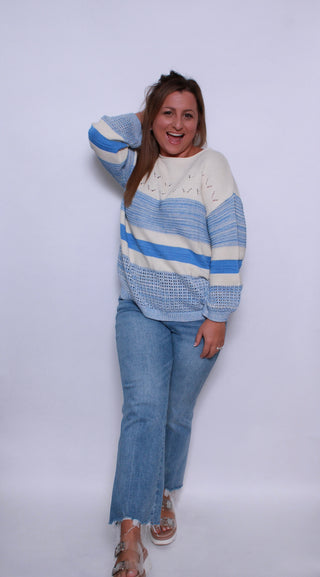 Stripe 3/4 Puff Sleeve Sweater