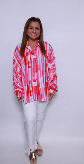 Abstract Batwing Sleeve Buttoned Shirt