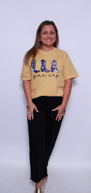 Purple and Gold Triple Game Day Boots Comfort Colors Tee