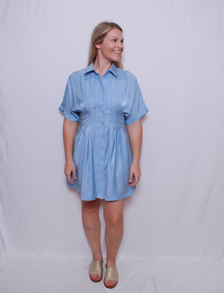 Collar Neck Waist Pleated Mini Dress