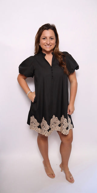 Puff Sleeve Embroidered Design Dress