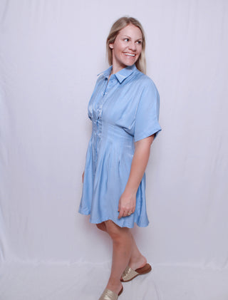 Collar Neck Waist Pleated Mini Dress