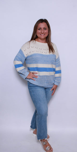 Stripe 3/4 Puff Sleeve Sweater
