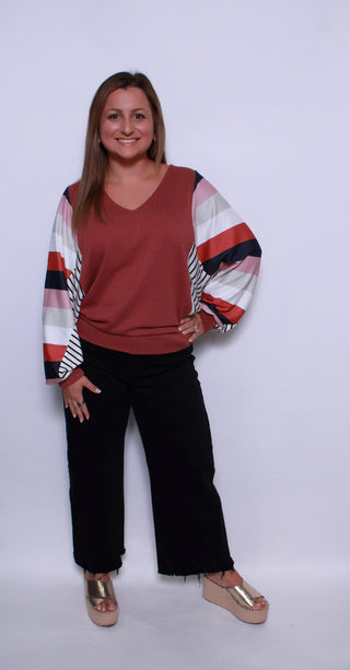 STRIPE COLOR BLOCK SLEEVES V NECK TOP