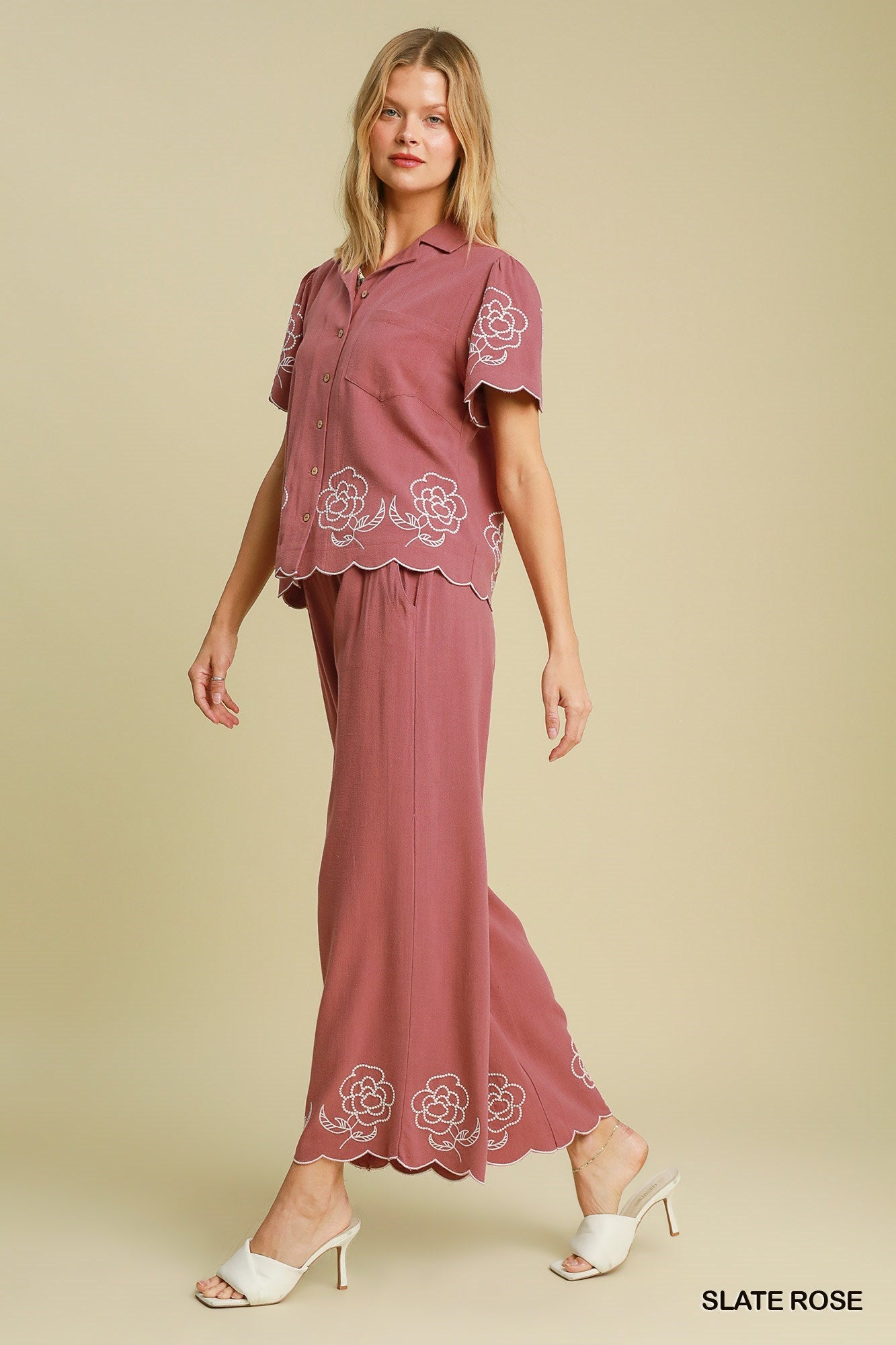 Linen Floral Embroidered Button-Up Top