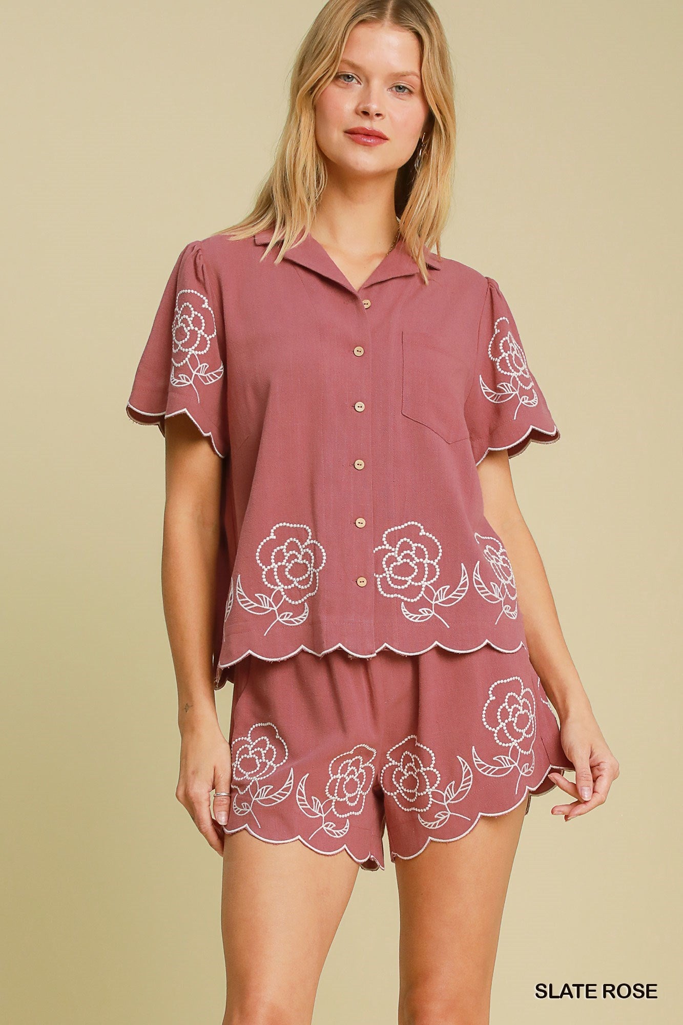 Linen Floral Embroidered Button-Up Top