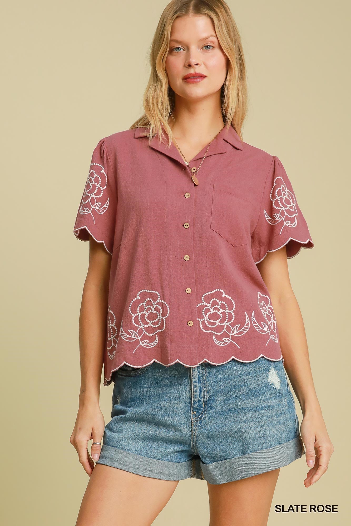 Linen Floral Embroidered Button-Up Top