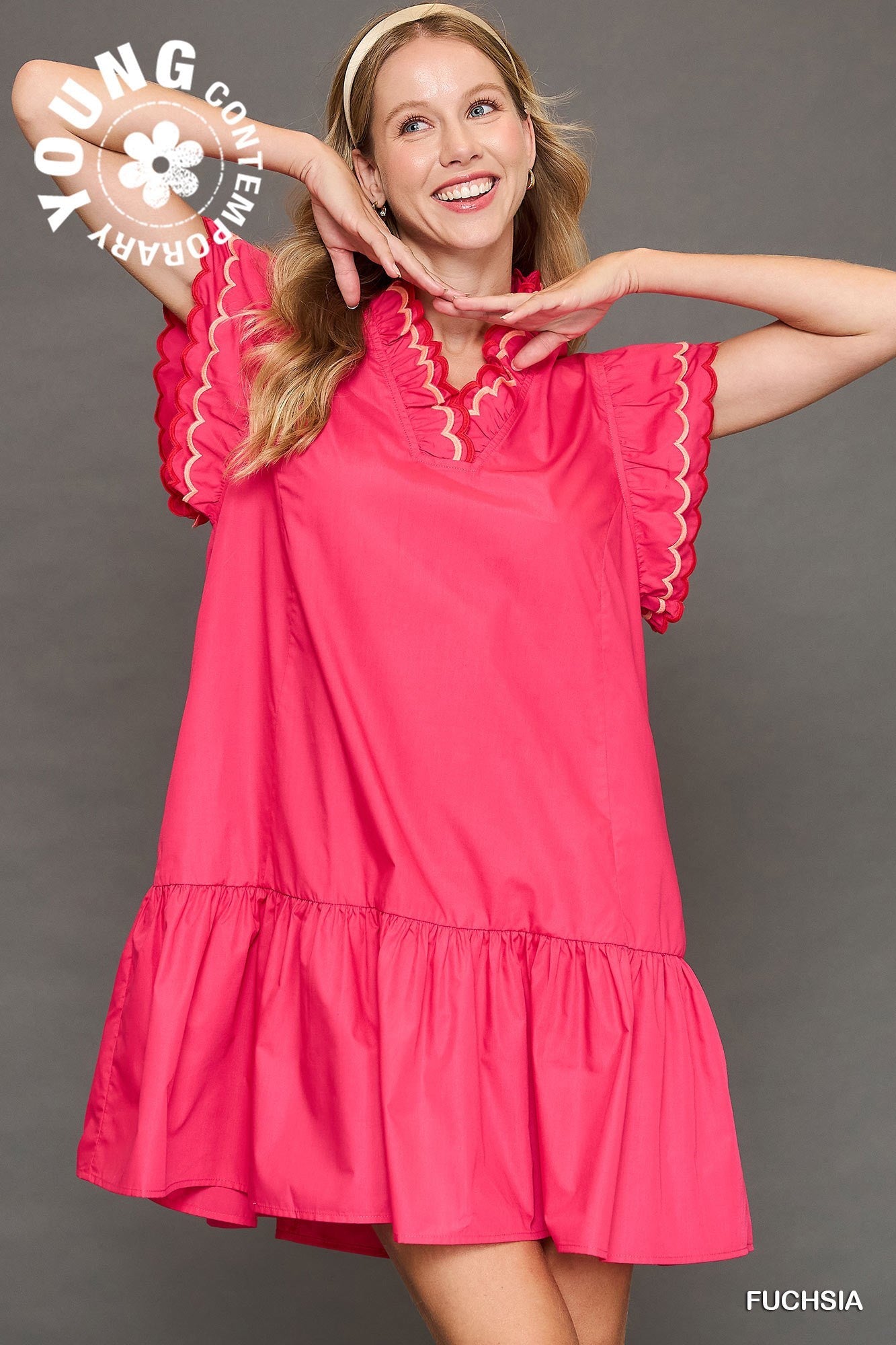 Scallop Trim Ruffle Sleeve Dress