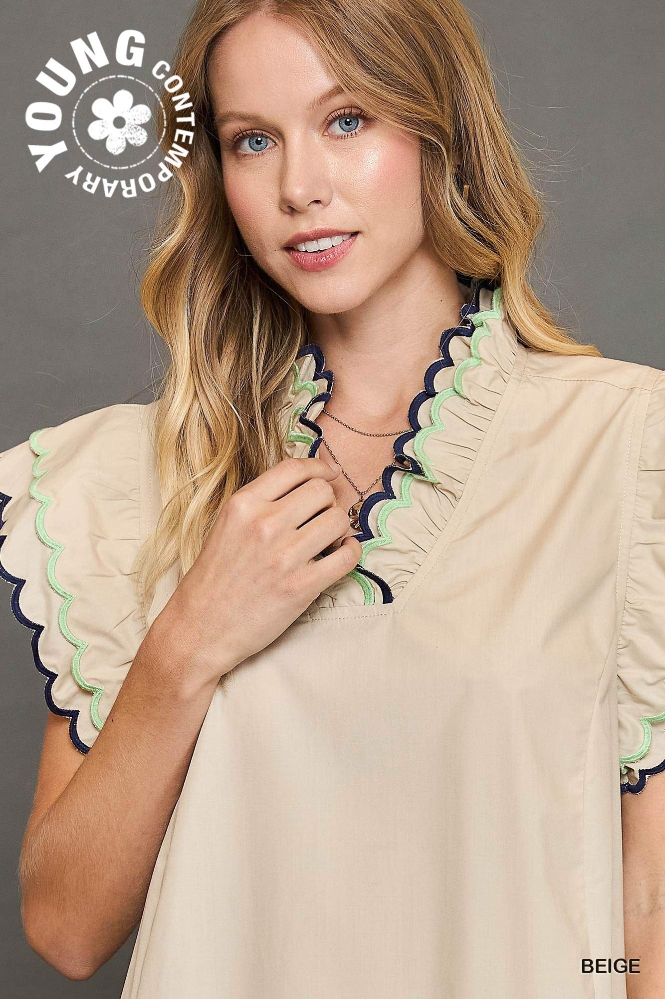 Scallop Trim Ruffle Sleeve Dress