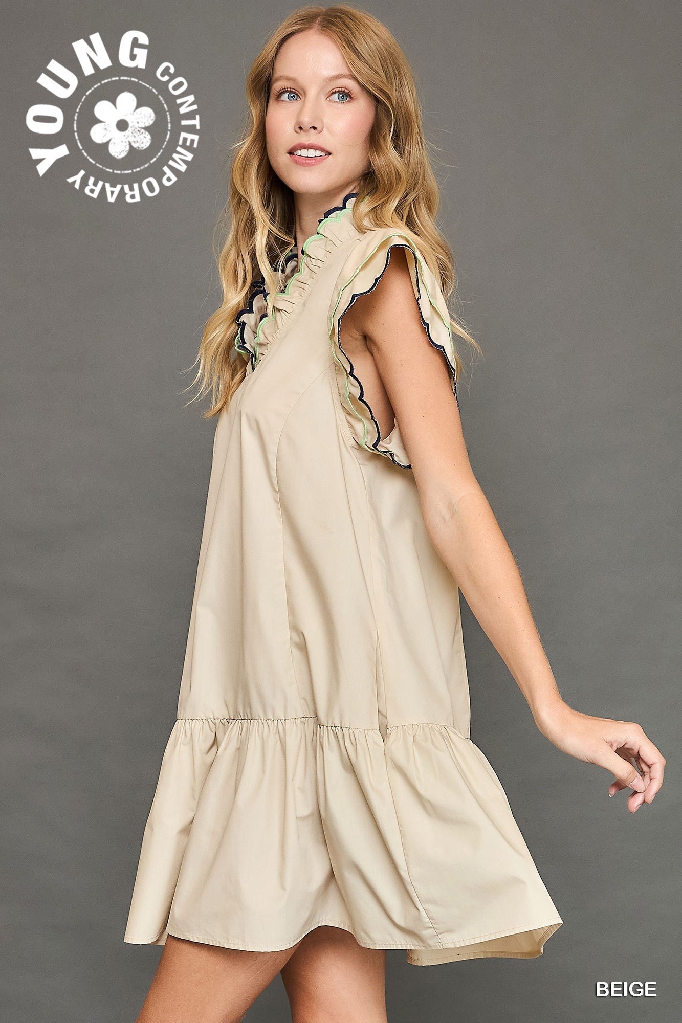 Scallop Trim Ruffle Sleeve Dress