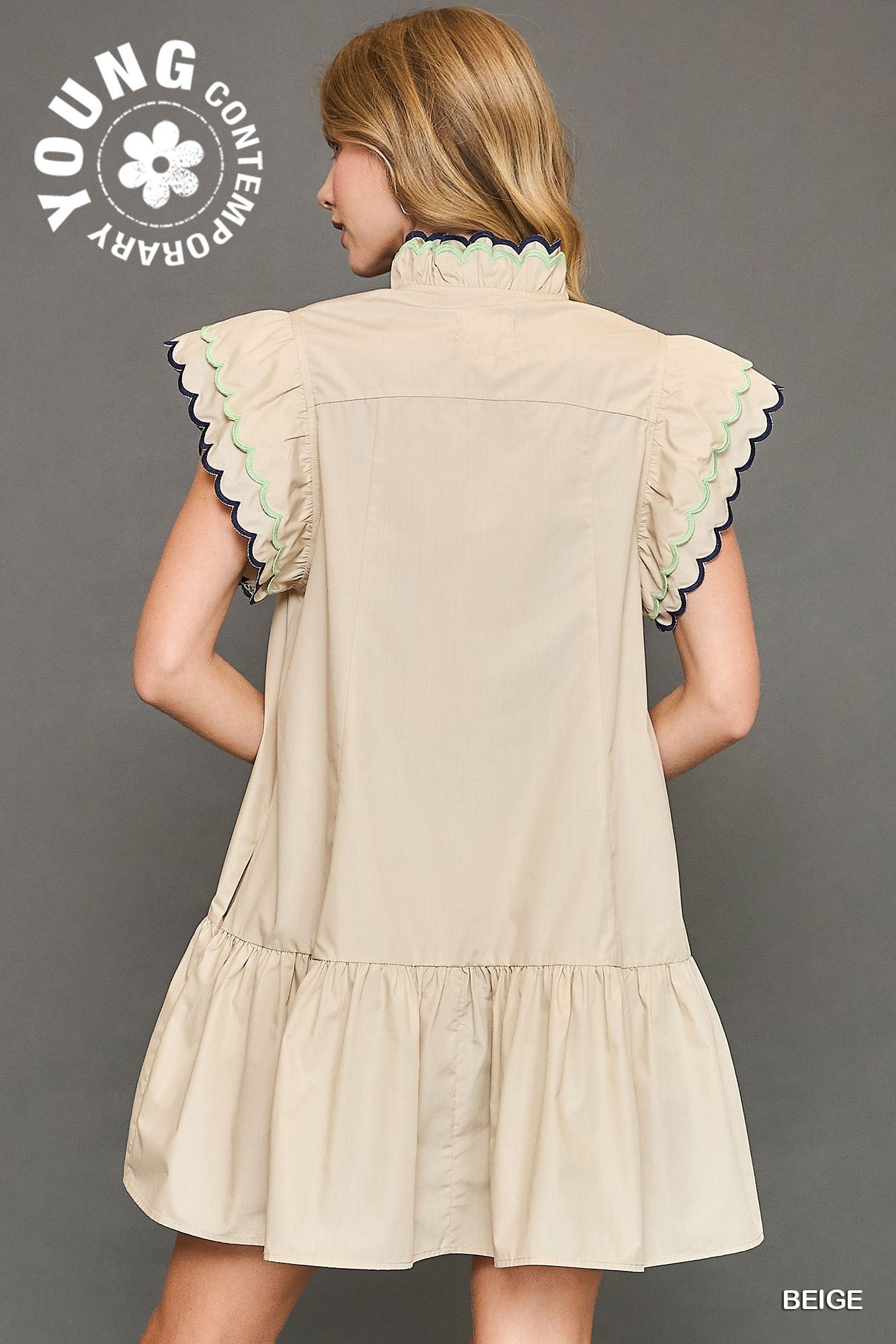 Scallop Trim Ruffle Sleeve Dress