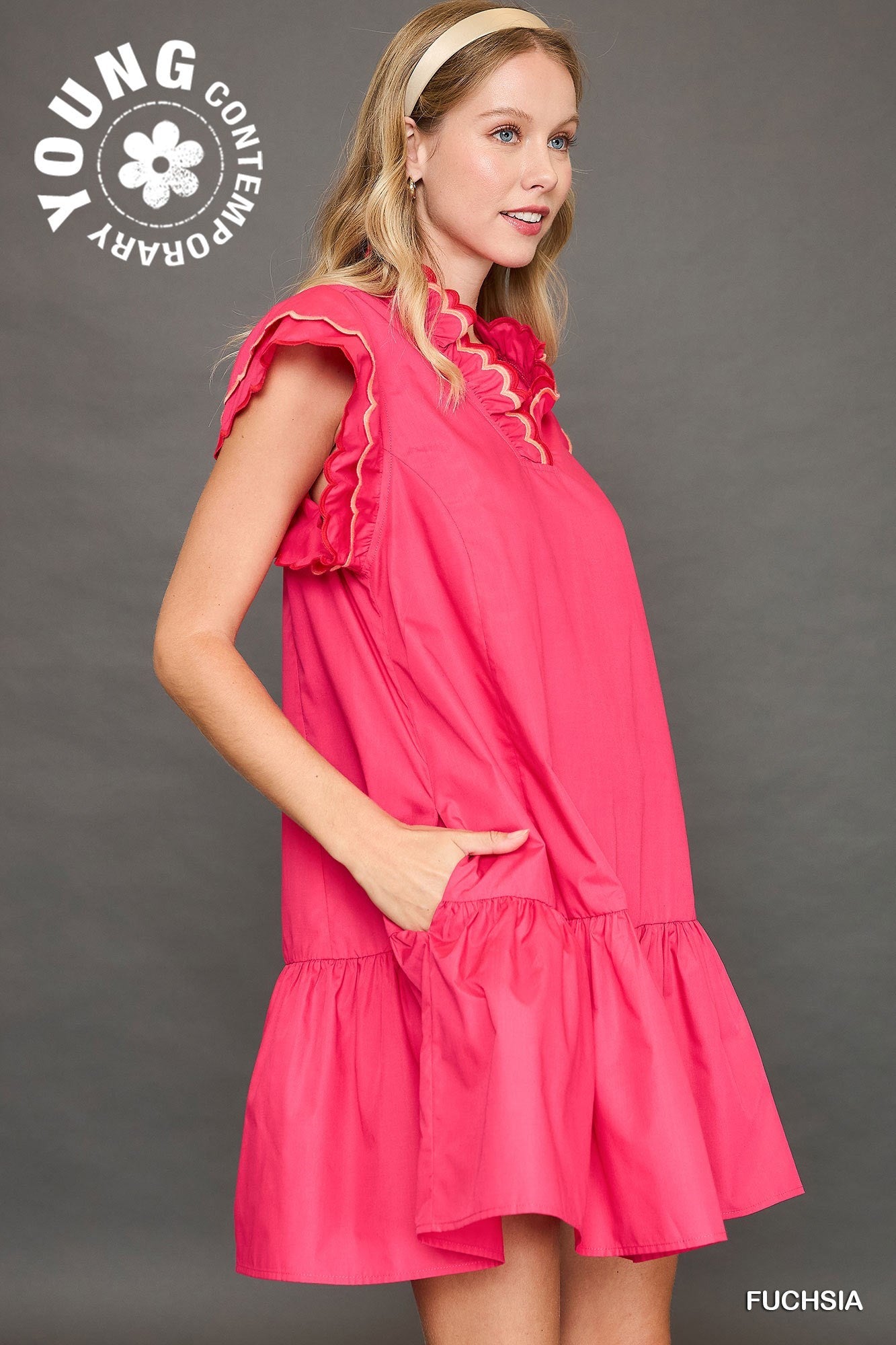 Scallop Trim Ruffle Sleeve Dress