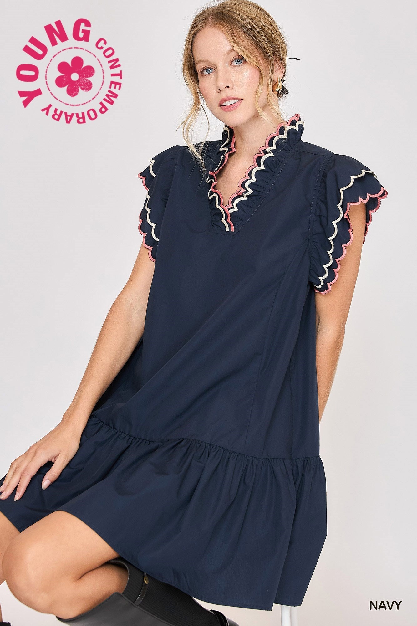 Scallop Trim Ruffle Sleeve Dress