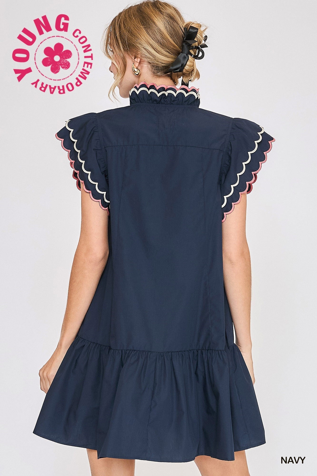 Scallop Trim Ruffle Sleeve Dress