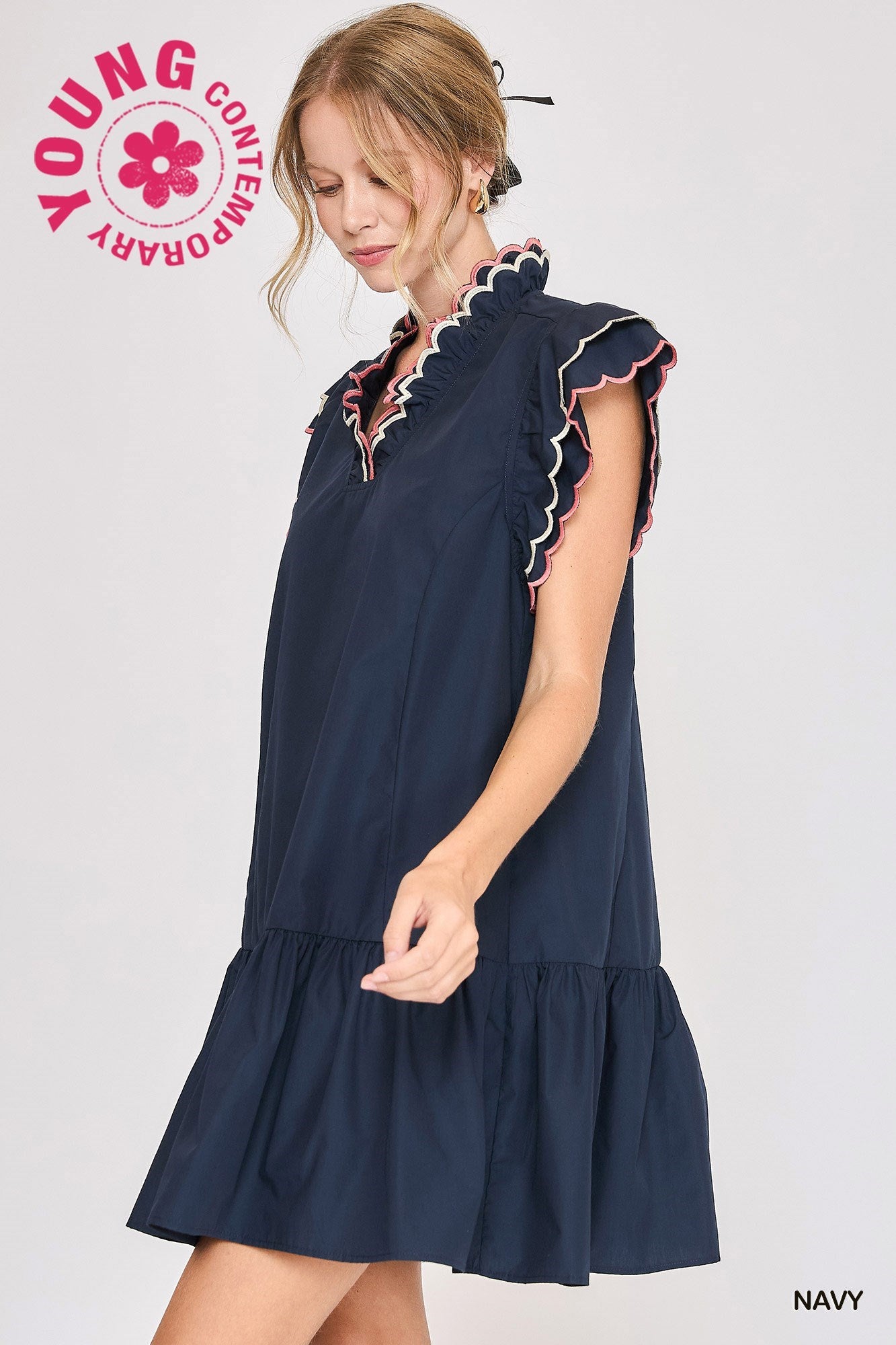 Scallop Trim Ruffle Sleeve Dress