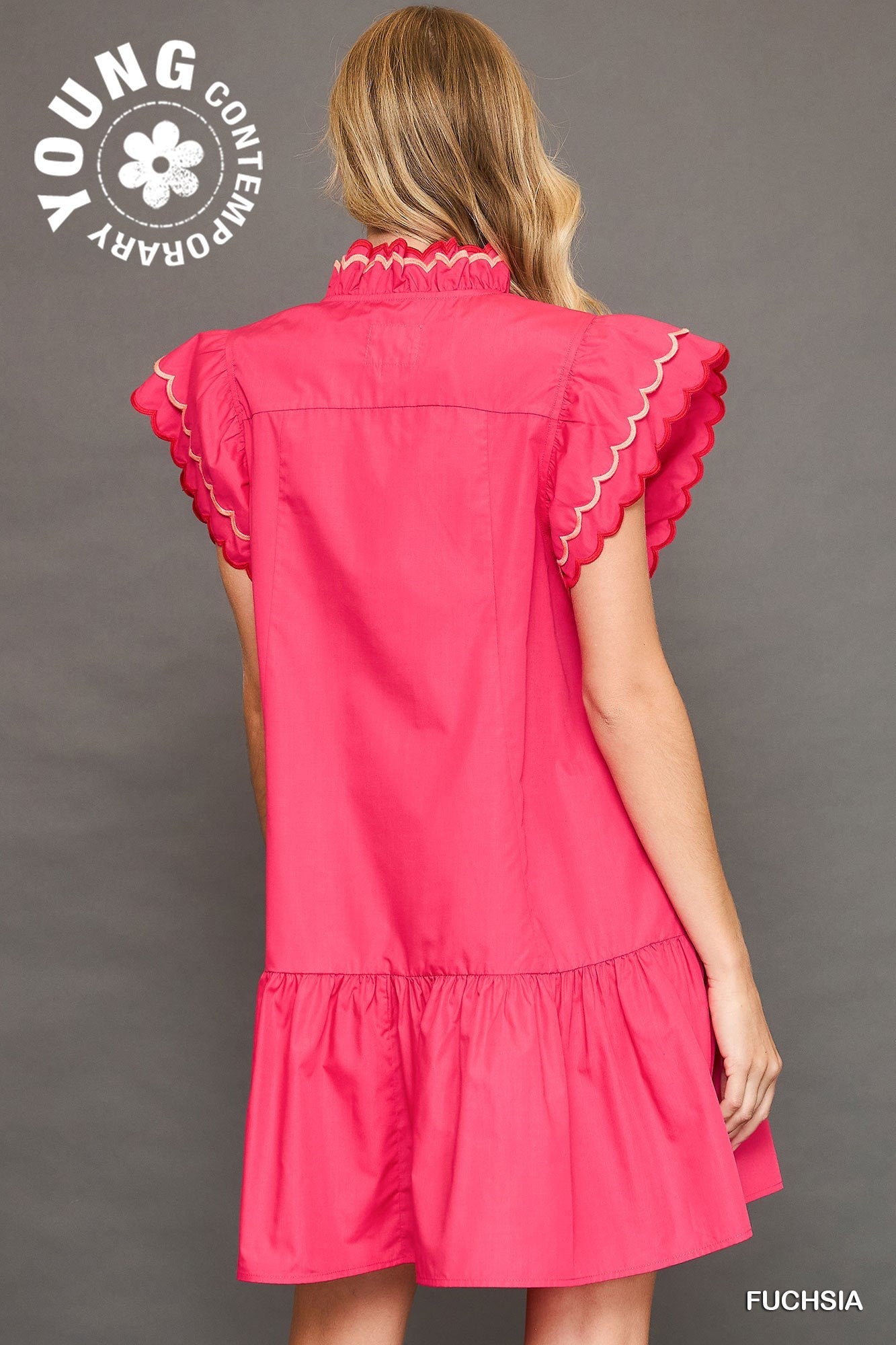Scallop Trim Ruffle Sleeve Dress