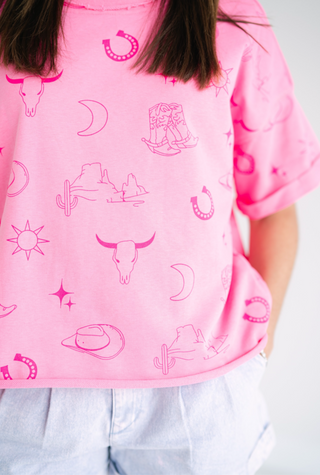 Boxy Cut Round Neck French Terry Top with Graphics & Frayed Hem