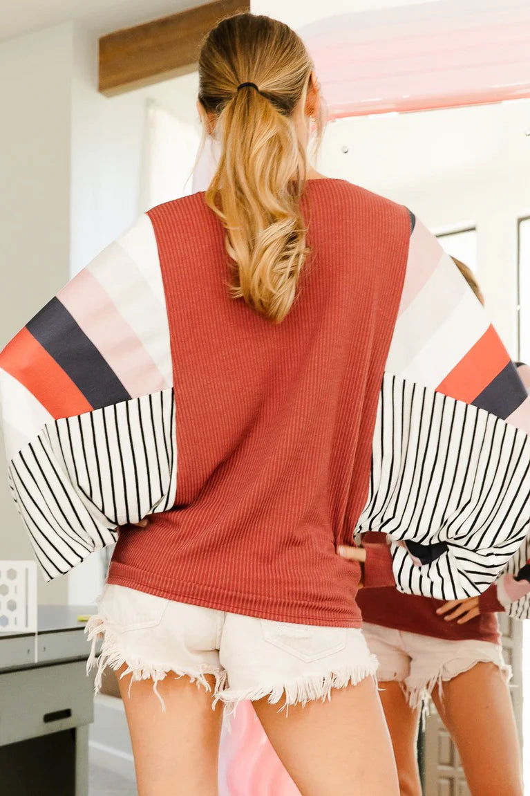 STRIPE COLOR BLOCK SLEEVES V NECK TOP