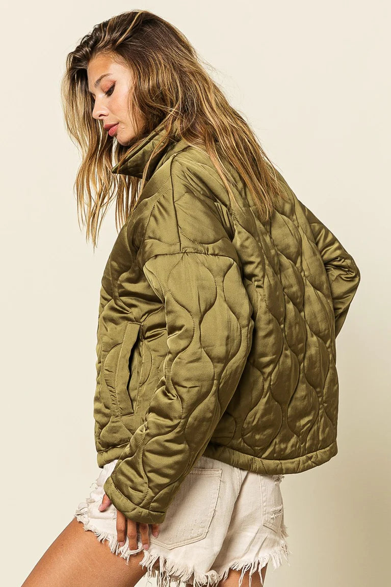 QUILTED ZIP UP SOFT COLLARED JACKET