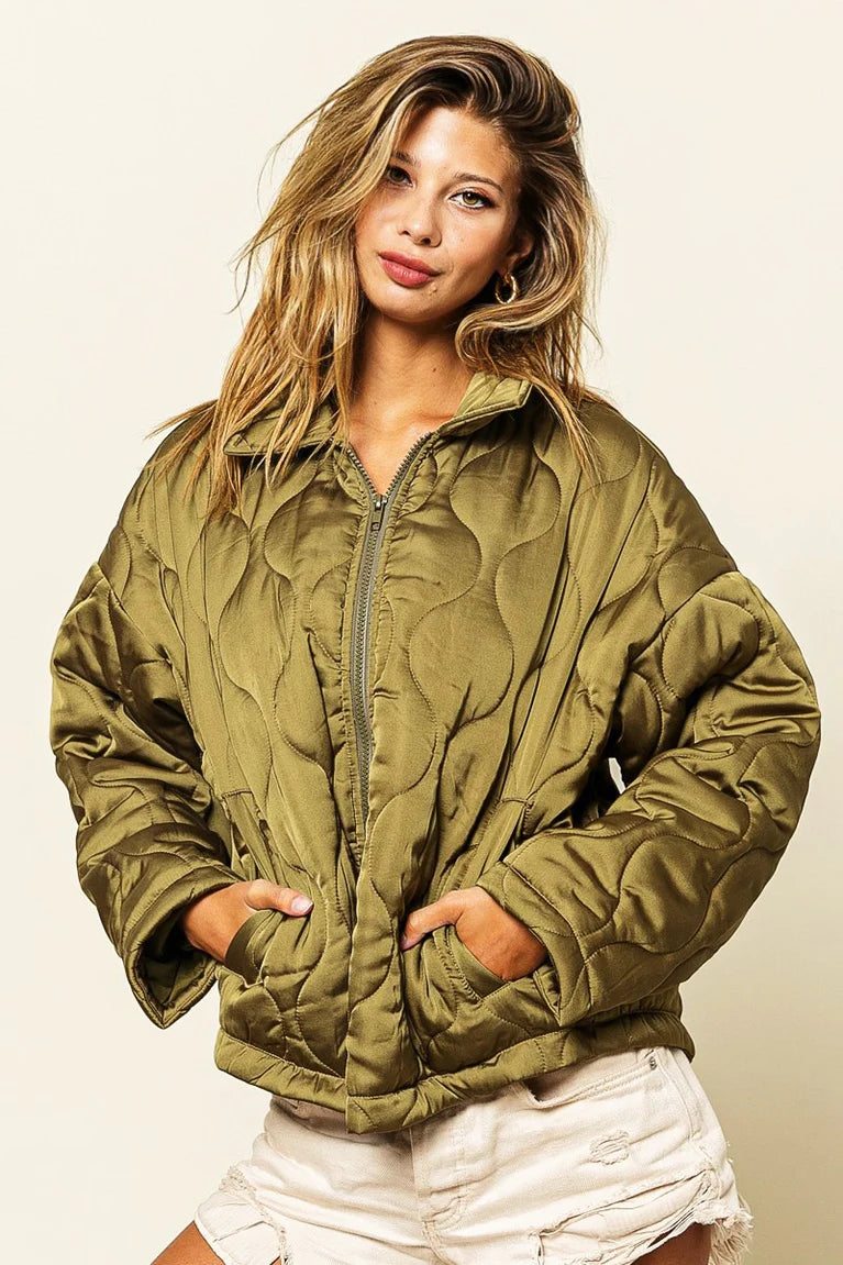 QUILTED ZIP UP SOFT COLLARED JACKET