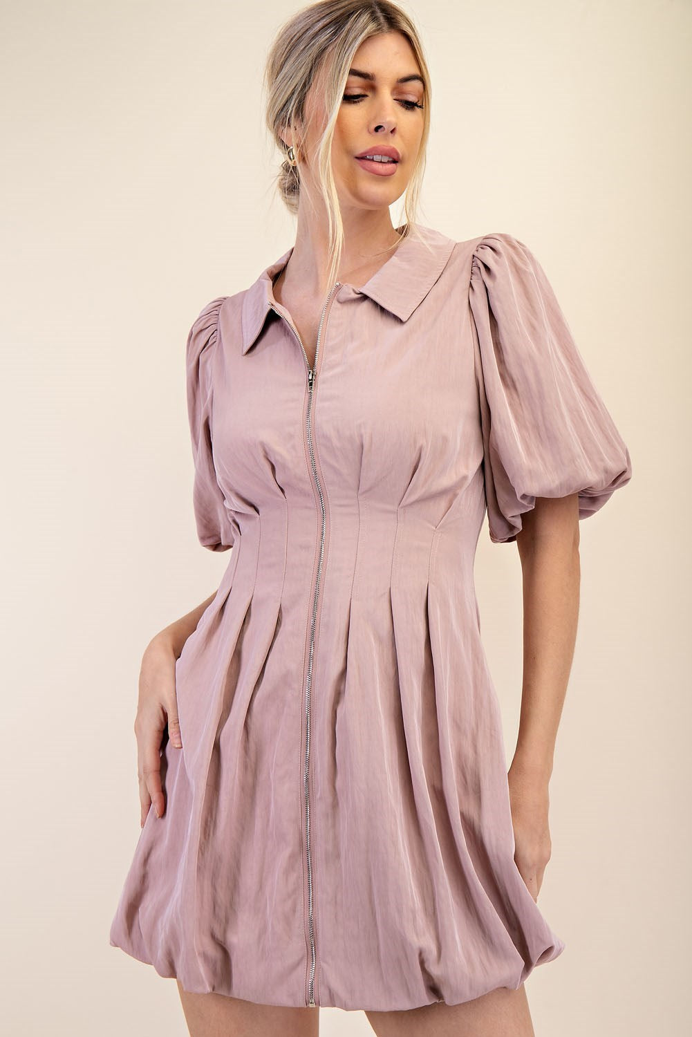 Collar Neck Front Zipper Mini Dress