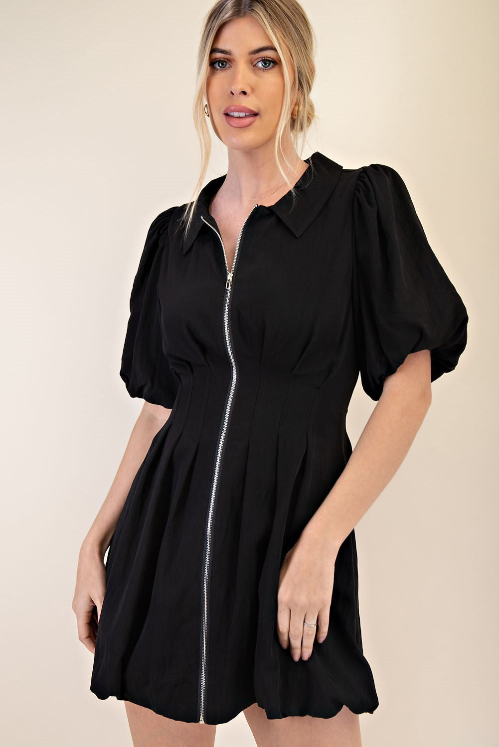 Collar Neck Front Zipper Mini Dress