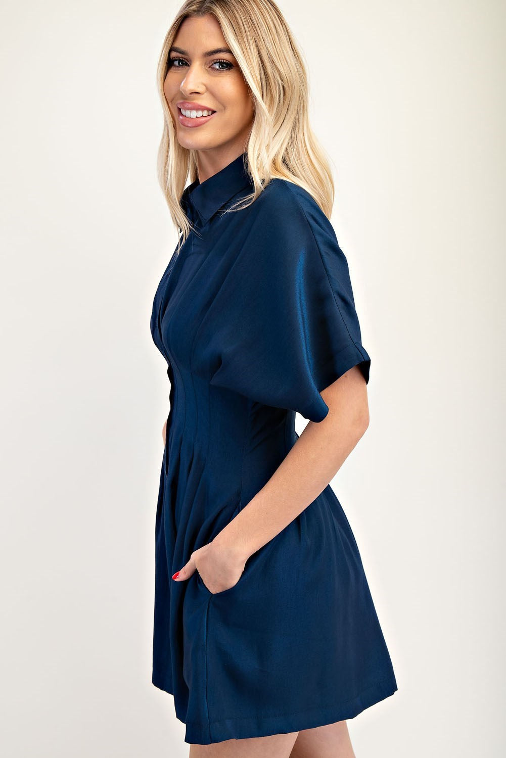 Collar Neck Waist Pleated Mini Dress