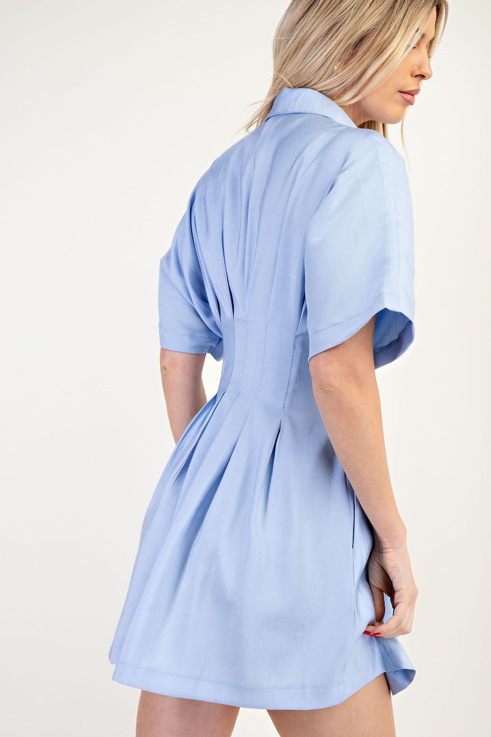 Collar Neck Waist Pleated Mini Dress