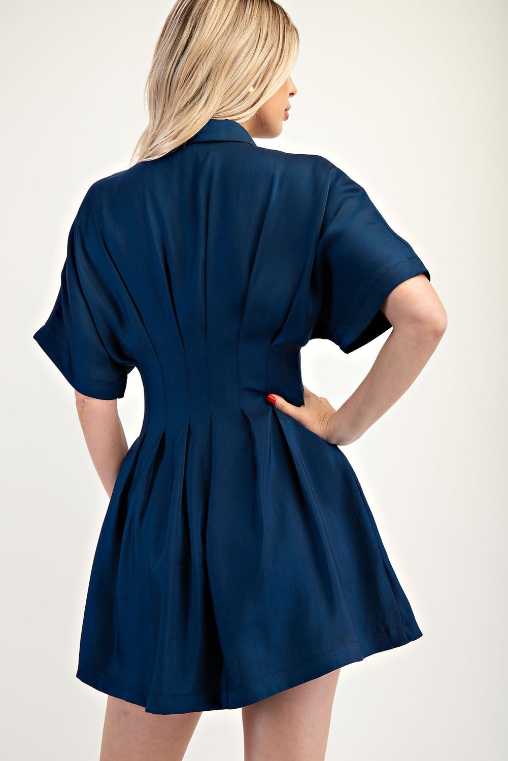 Collar Neck Waist Pleated Mini Dress