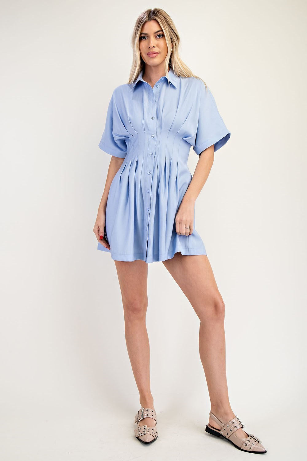 Collar Neck Waist Pleated Mini Dress