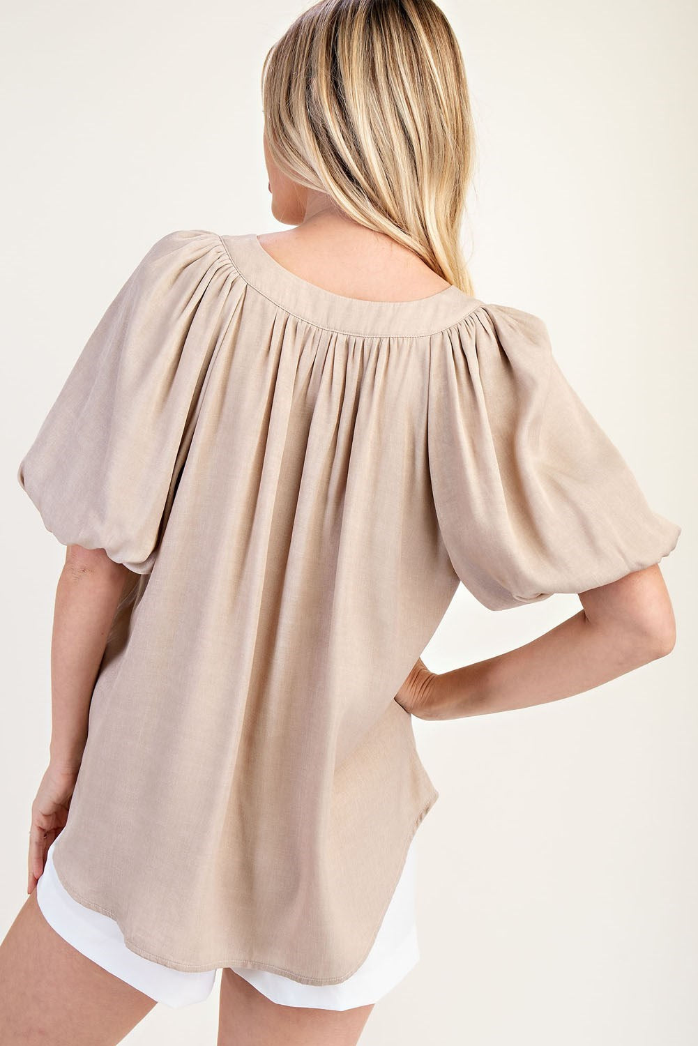 V-Neck Placket Balloon Sleeve Top
