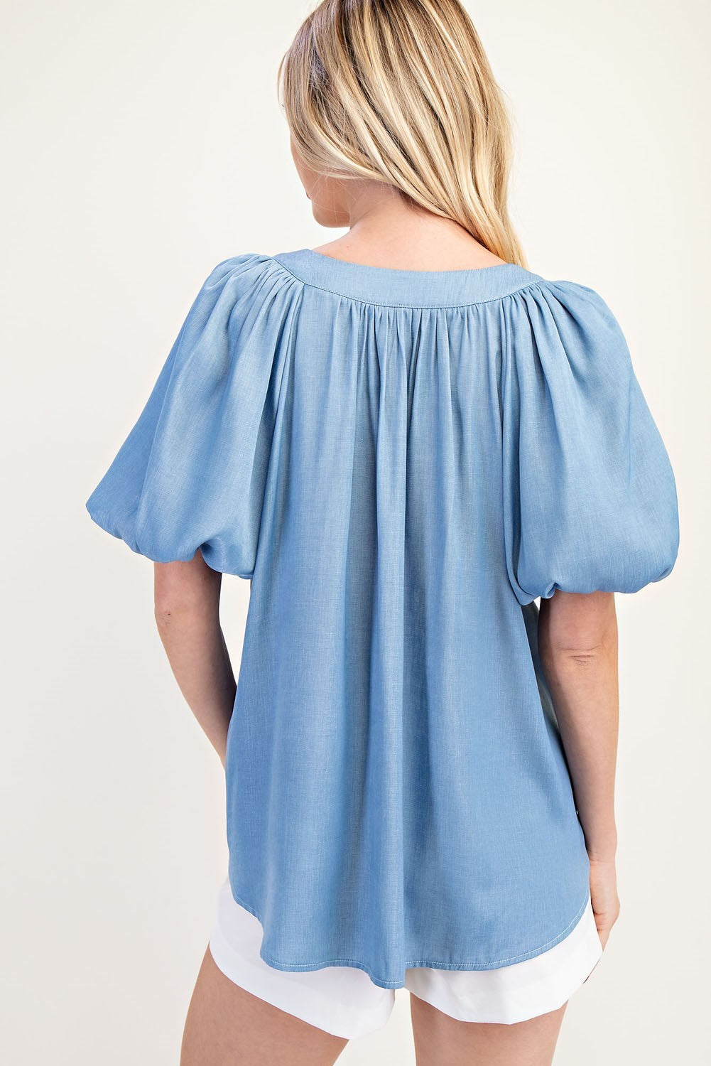 V-Neck Placket Balloon Sleeve Top