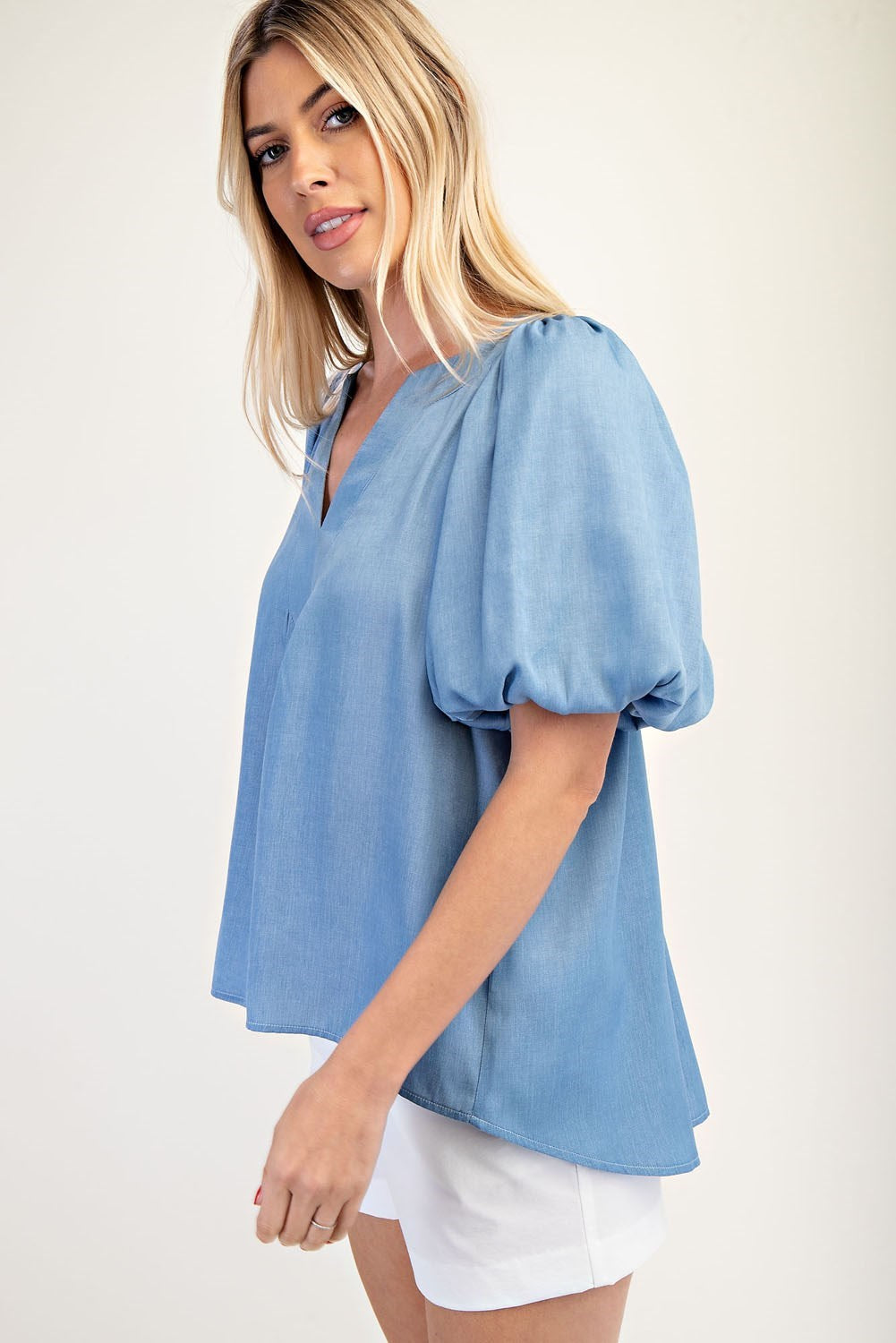 V-Neck Placket Balloon Sleeve Top