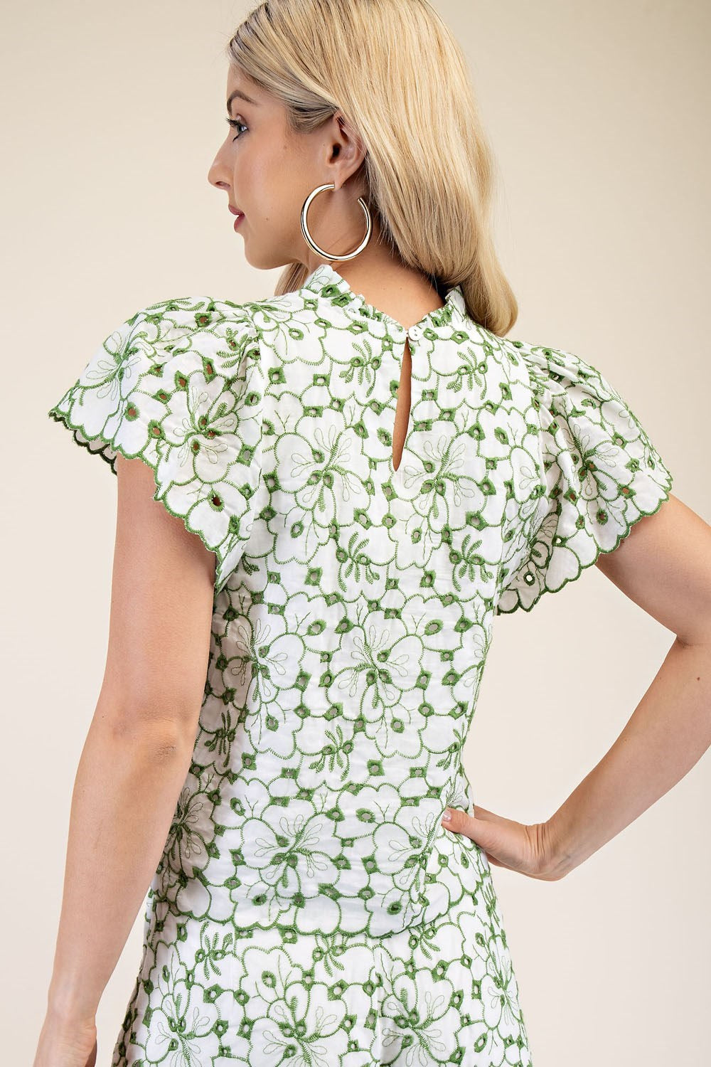 High-Neck Embroidered Eyelet Blouse