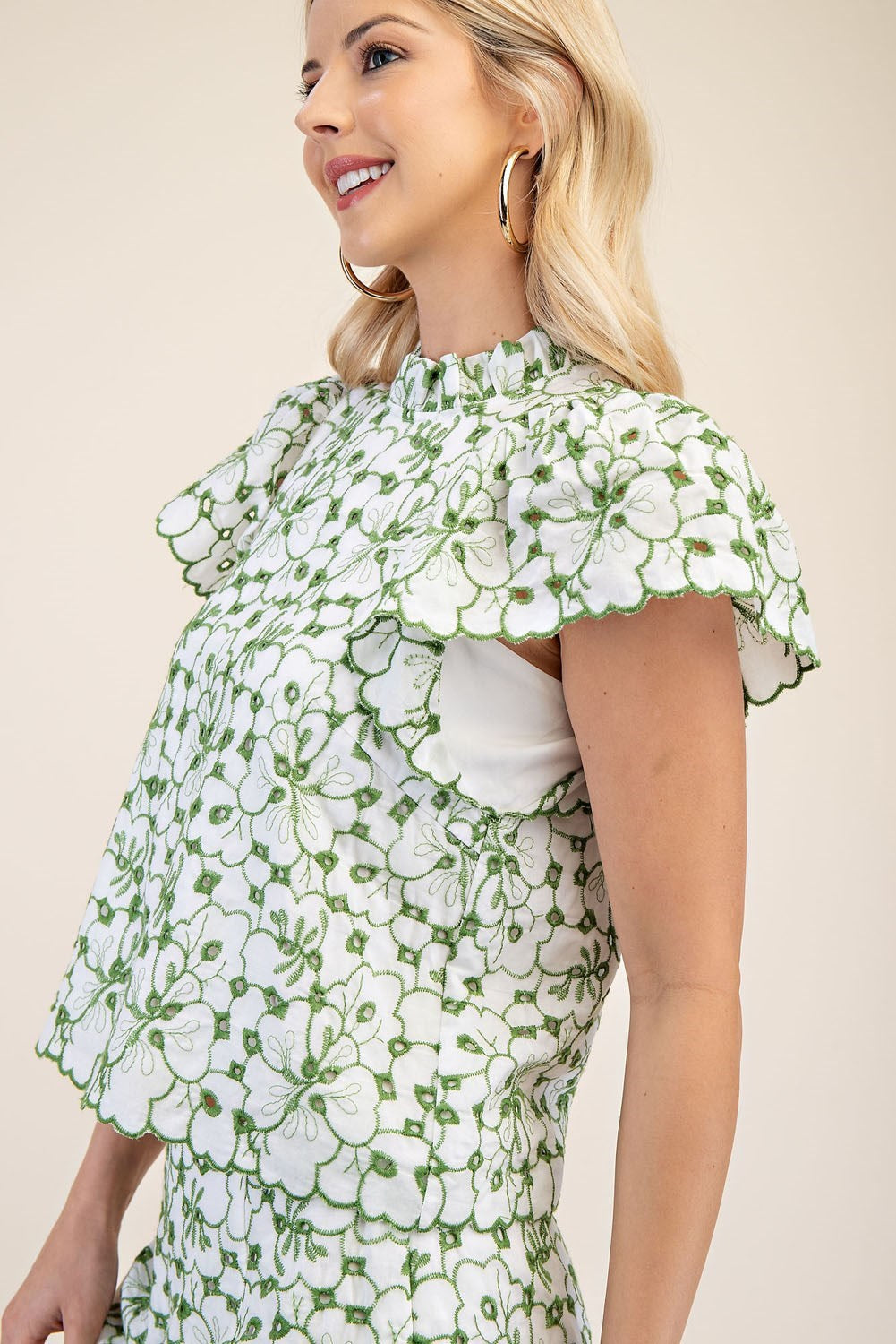High-Neck Embroidered Eyelet Blouse