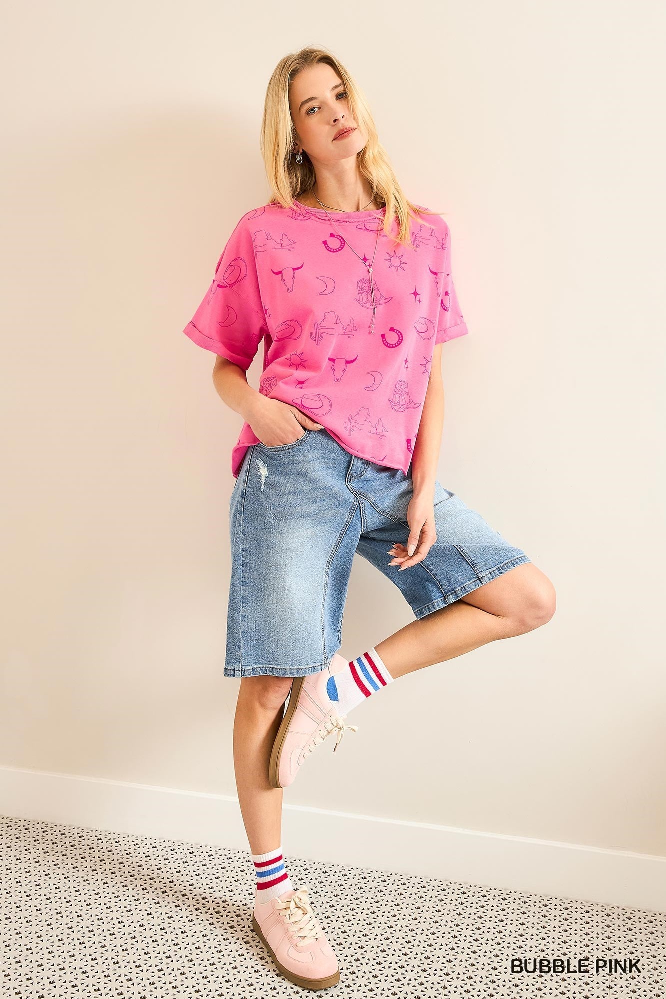 Boxy Cut Round Neck French Terry Top with Graphics & Frayed Hem