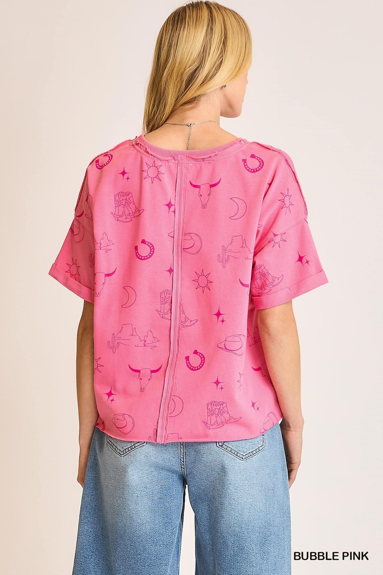 Boxy Cut Round Neck French Terry Top with Graphics & Frayed Hem