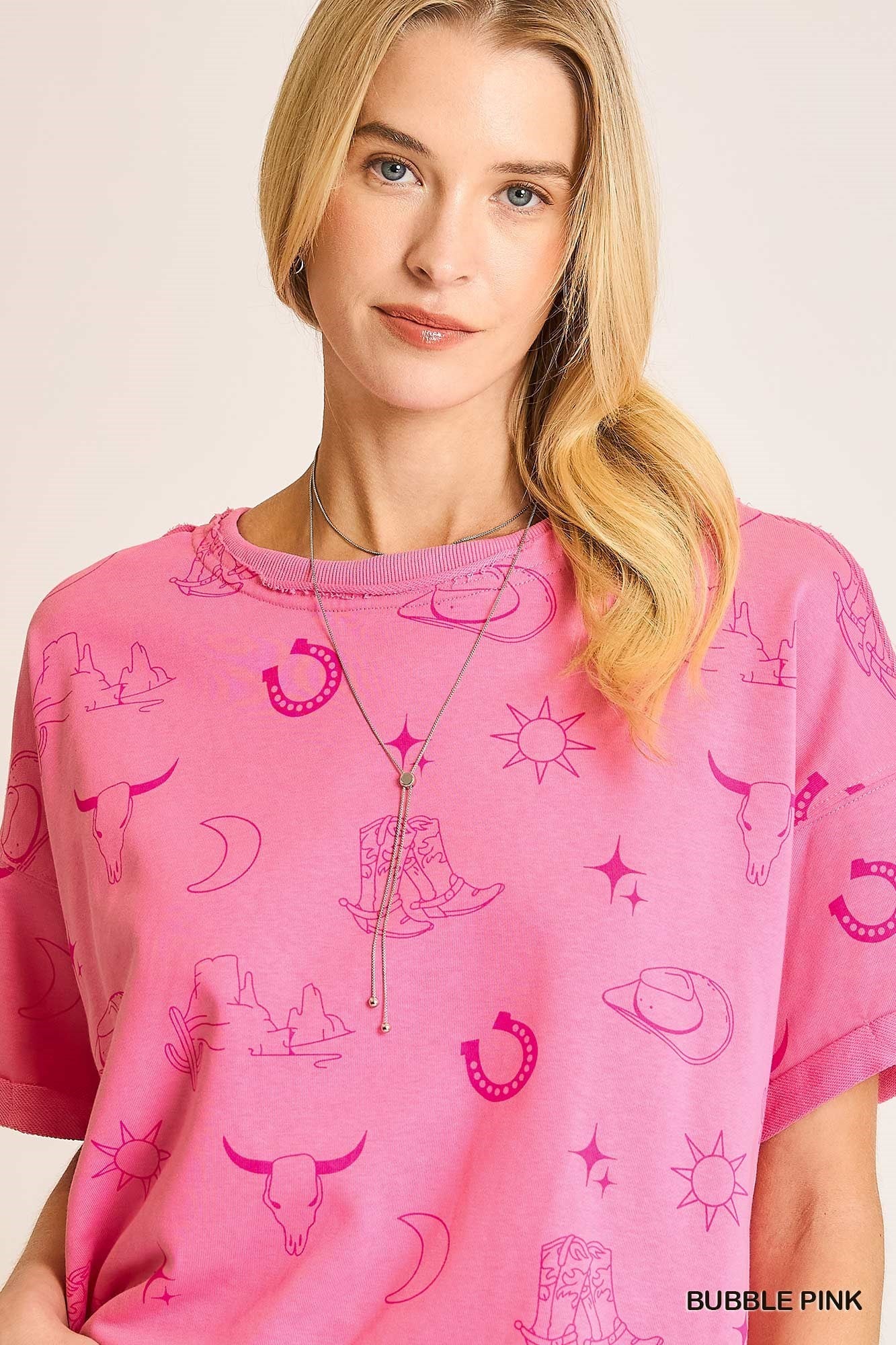 Boxy Cut Round Neck French Terry Top with Graphics & Frayed Hem