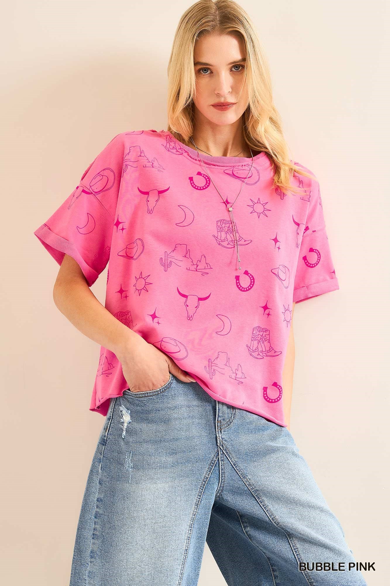 Boxy Cut Round Neck French Terry Top with Graphics & Frayed Hem