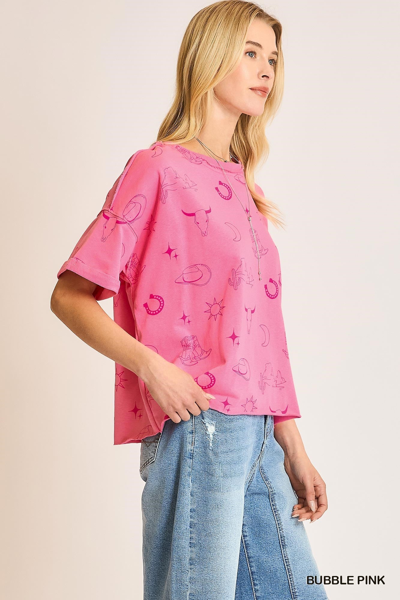 Boxy Cut Round Neck French Terry Top with Graphics & Frayed Hem