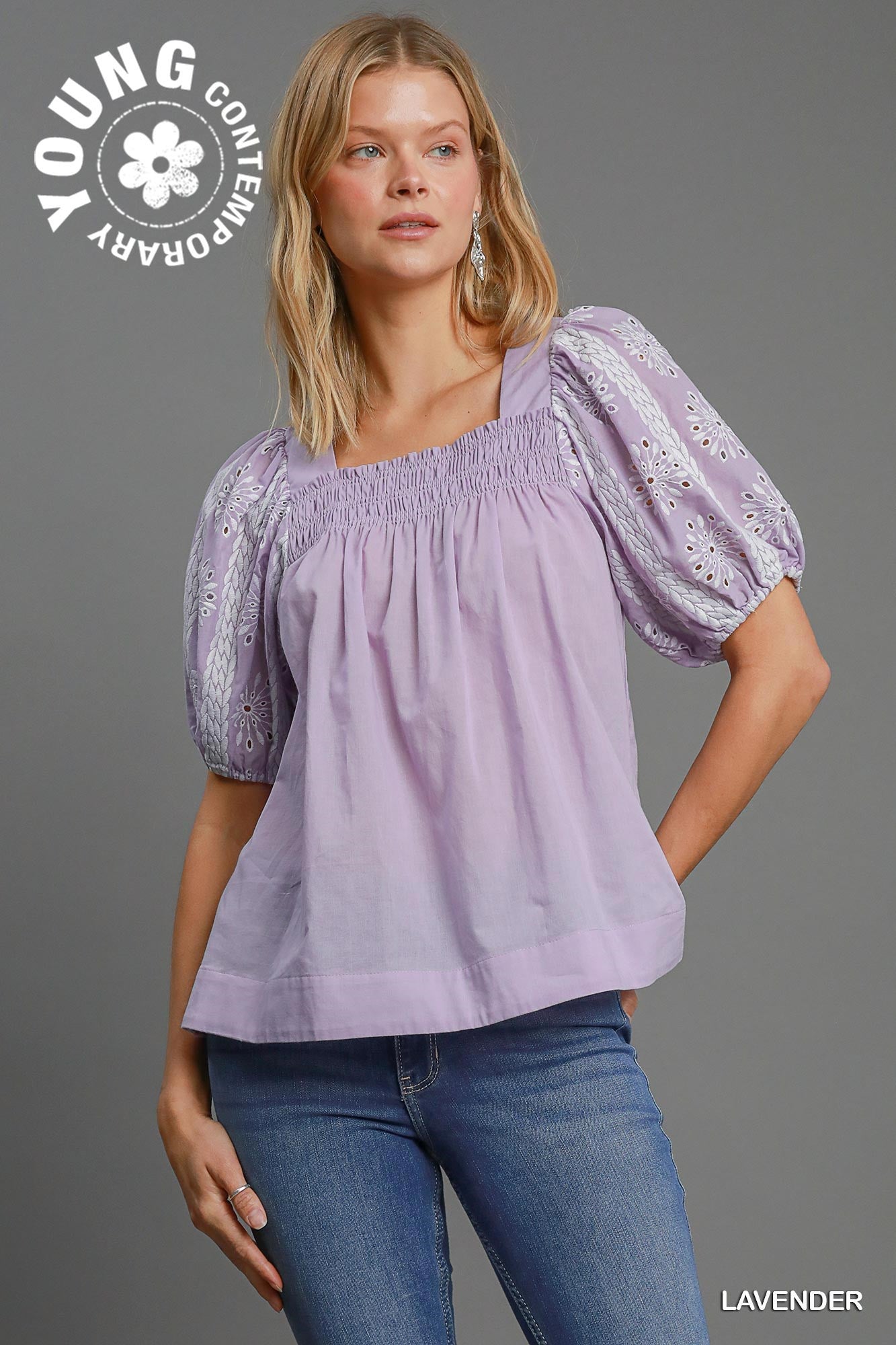 Puffed Eyelet Sleeved Square Neck Top
