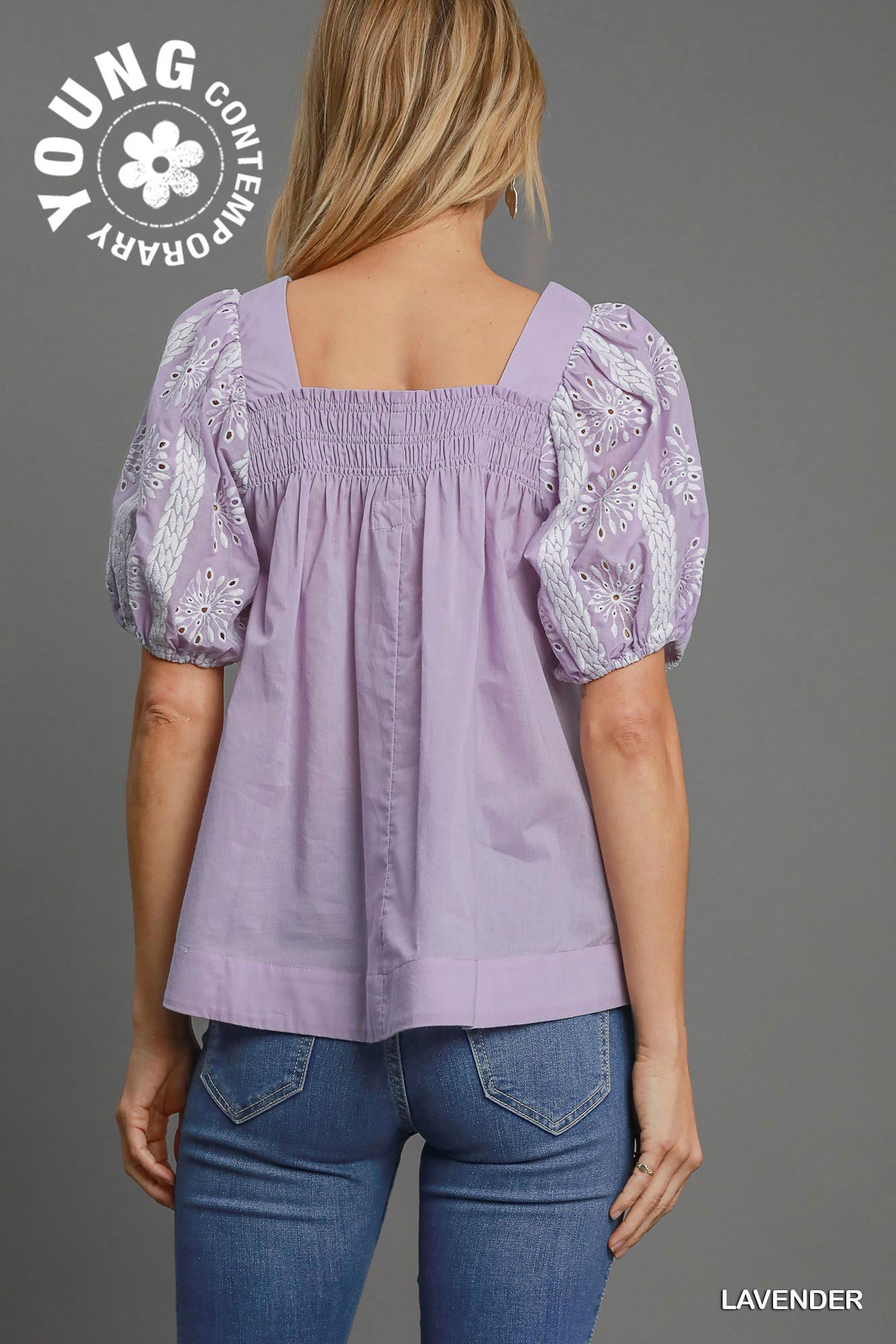 Puffed Eyelet Sleeved Square Neck Top
