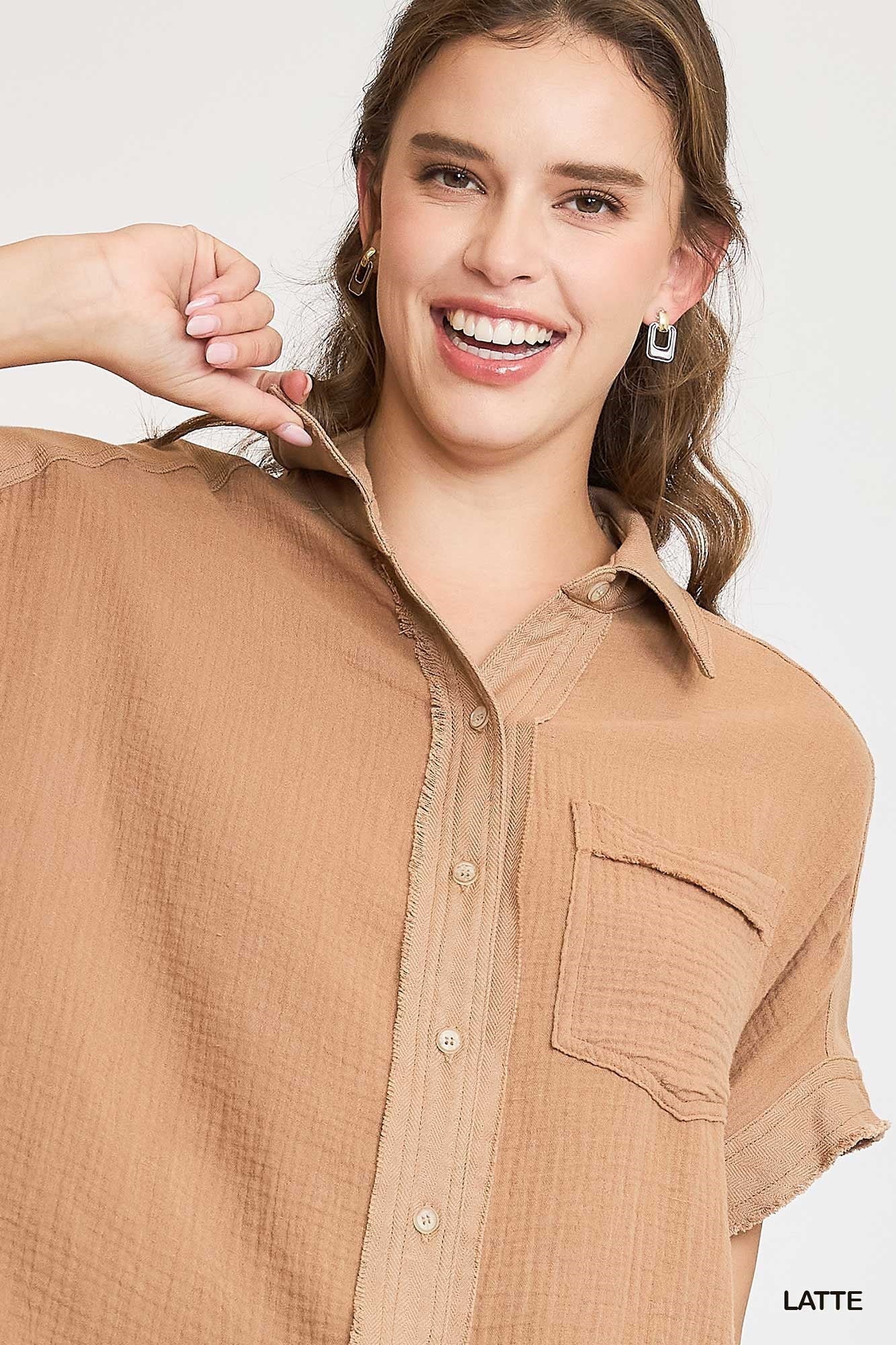 Washed Cotton Gauze Button Down Top