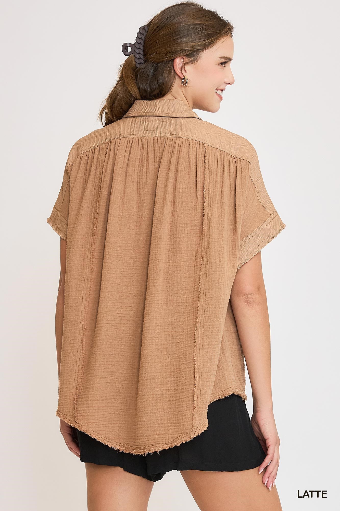 Washed Cotton Gauze Button Down Top