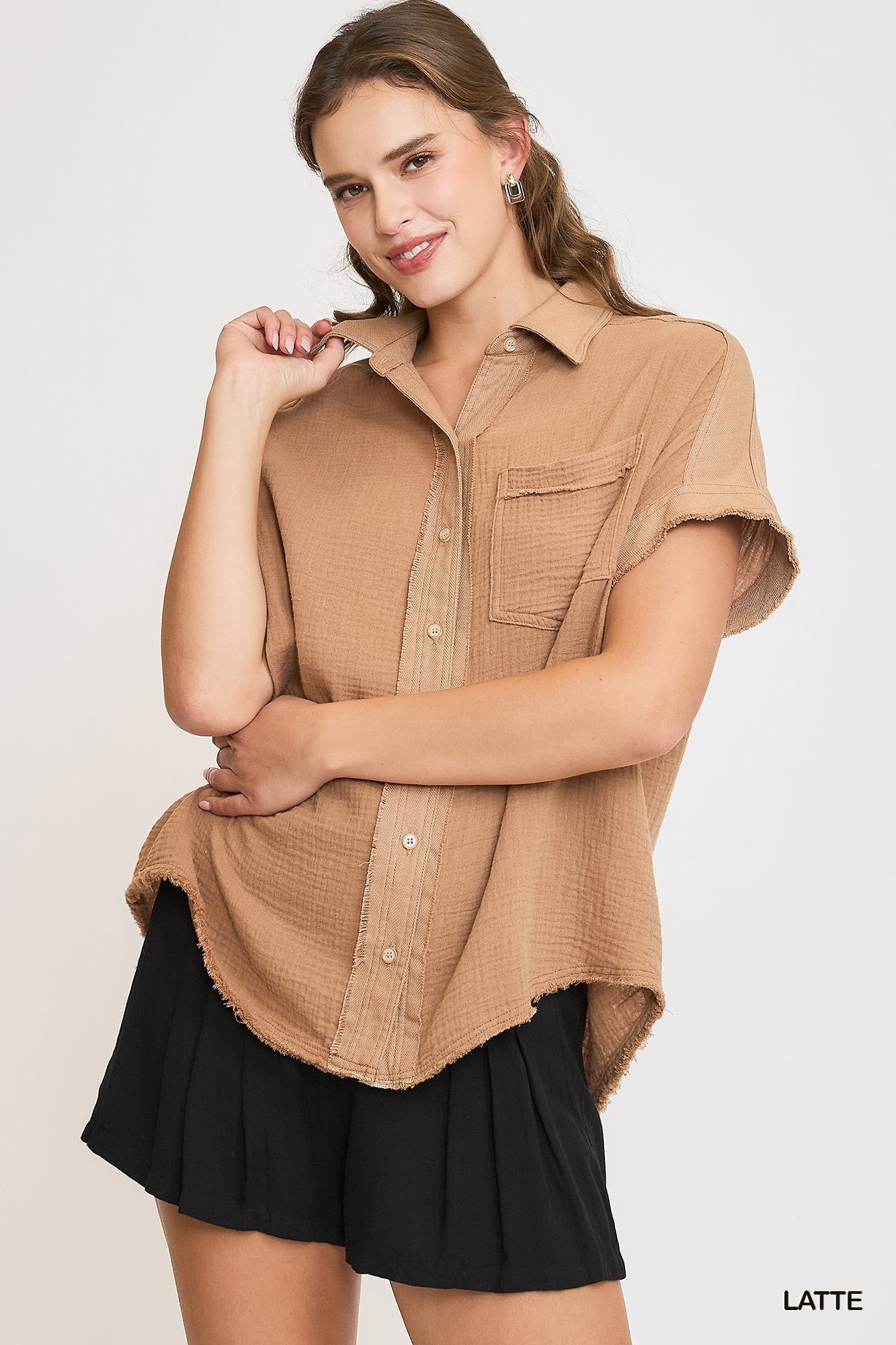 Washed Cotton Gauze Button Down Top